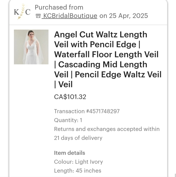 KC Bridal Angel Cut Waterfall Bridal Wedding Veil Light Ivory 45" - Picture 4 of 4